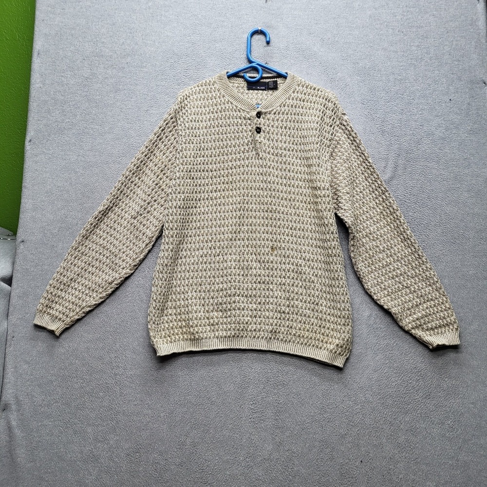 VINTAGE Bill Blass Men Sweater L Beige Grandpa Henley 90s USA READ